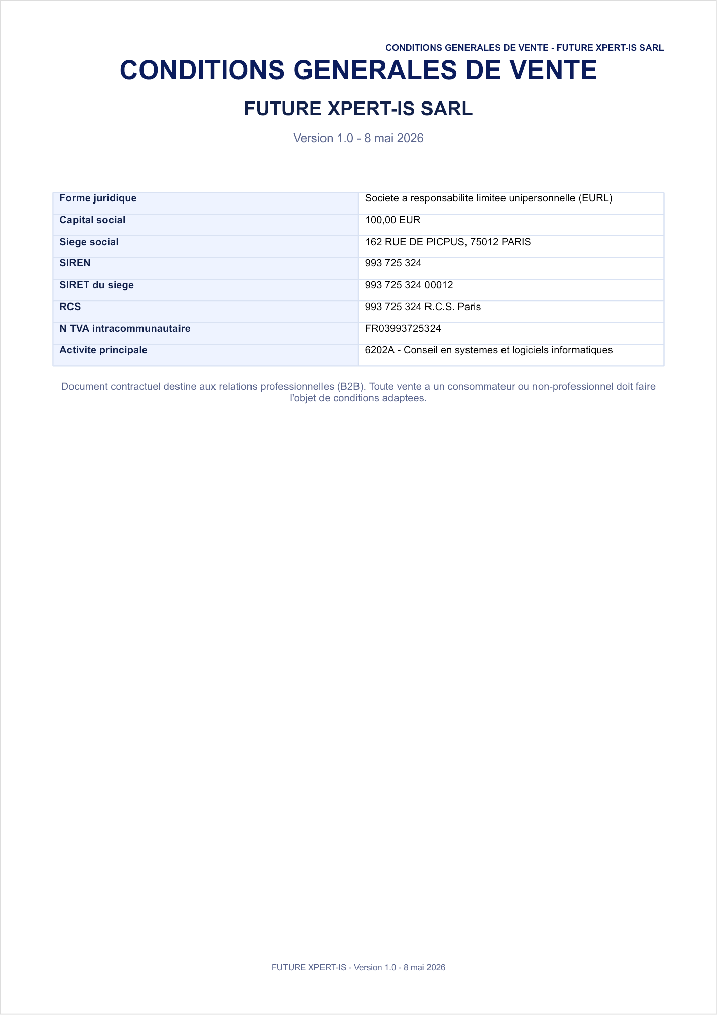 Conditions generales de vente FUTURE XPERT-IS SARL - page 1 sur 7